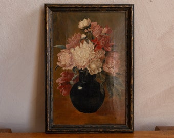 Petites natures mortes florales vintage 1970 en noir - Huile sur toile, non signée.