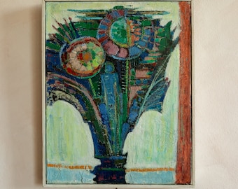 1970s Vintage Dutch Abstract Flowers in Vase Painting by Rien Goené - Oil on Canvas