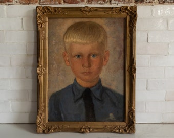 1930s Dutch Vintage Portrait of a Young Blonde Boy - Framed in Gold Painted Frame