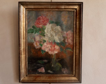 Early 1900 Antique Floral Roses / Peonies Still Life Painting in Gold Frame - Oil on Canvas, Signed Fernand Toussaint (Belgian, 1873-1956)