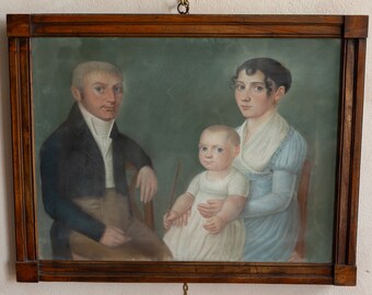 XIXe siècle - Pastel ancien - Portrait de famille - Encadré dans un cadre en acajou derrière une vitre.