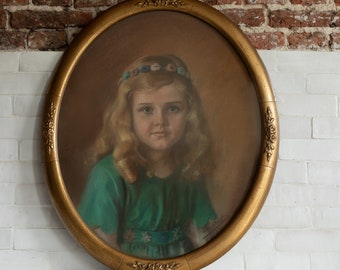 1924 Vintage Pastel Portrait of a Young Blonde Girl - Framed in Oval Frame Behind Glass