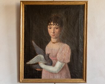 Ancien portrait de jeune femme tenant un pigeon, XIXe siècle - Huile sur toile