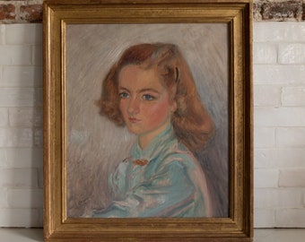 1941 Vintage Portrait Oil Painting of a Young Woman in Pastel Colours, Signed Gomery