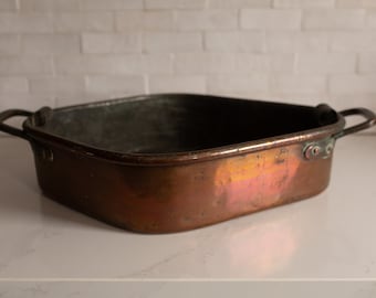 Début des années 1900 "Turbotière" - Grand moule à tarbot en cuivre français antique avec bord roulé - Avec incrustation amovible - Ustensiles de cuisine français