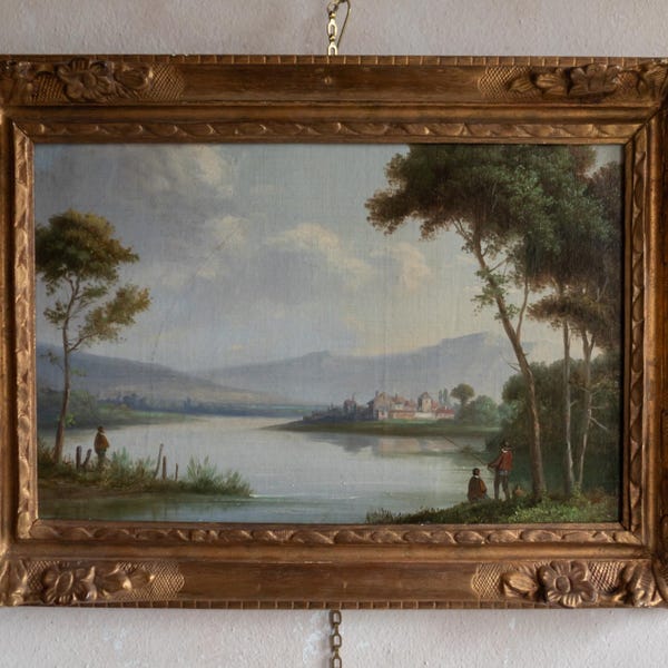 19th Century Landscape of Northeastern France. Antique Oil on Canvas in Gilt Frame