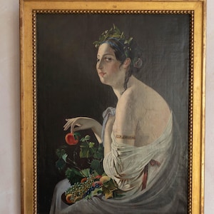 Large Antique Woman Portrait Painting, Antique Austrian Portrait Painting, Woman with Fruit, Antique Original Oil painting, Gilt Gold Framed