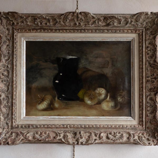 Antique French Still Life. Dark Academic Oil on Canvas in Carved Montparnasse Frame