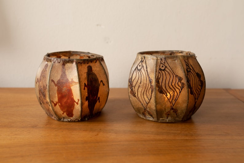 A 1970s Pair of Vintage Leather Painted Candle Holders image 6
