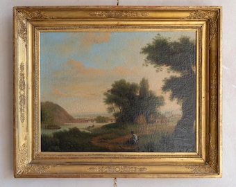 Antique French Pastoral Landscape Oil Painting, Antique French Country Oil Painting, French Landscape Oil Painting in Empire Gilt Gold Frame
