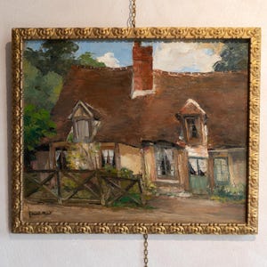 Antique Country House oil painting, House in Rustic Landscape, French Landscape, Antique Original Oil on Wood Painting, Gold Framed Signed