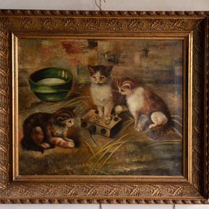 Antique Cat Oil Painting -  Vintage French Cats from the 19th century. Kittens and Mouse Painting - French Cat family Scene Oil on Canvas