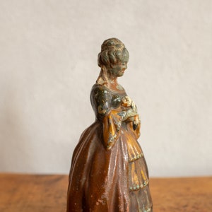 1850-1870 Mid-19th Century English Antique Match & Strike Figurine Victorian Era Cold Painted Spelter Crinoline Lady Holding a Puppy image 4