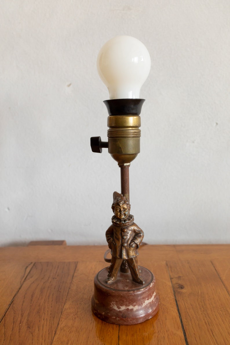 1920s Vintage Small Table Lamp with Young Clown Brass and Marble image 2