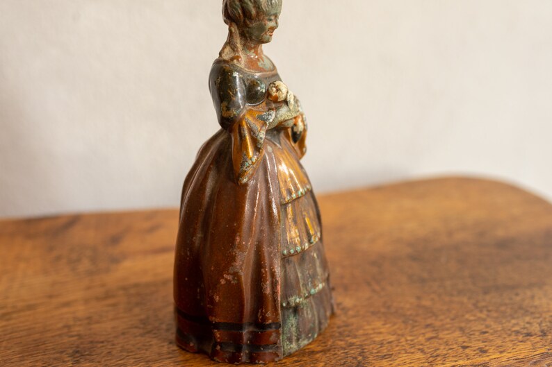 1850-1870 Mid-19th Century English Antique Match & Strike Figurine Victorian Era Cold Painted Spelter Crinoline Lady Holding a Puppy image 7