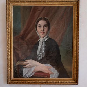 Large Antique Woman Portrait Painting, Antique Lady Portrait Oil Painting of a Woman with Book, Antique Original Oil painting in Gold Framed