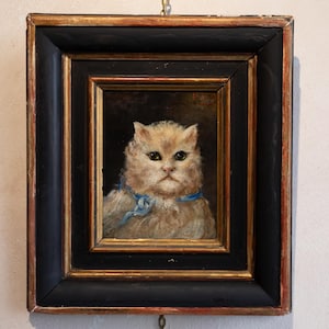 Antique Cat Portrait Oil Painting, Cat Oil Painting, Antique Folk Art, Animal Oil Painting, Original Cat Art, Signed, Framed Oil Painting