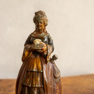 1850-1870 Mid-19th Century English Antique Match & Strike Figurine Victorian Era Cold Painted Spelter Crinoline Lady Holding a Puppy image 9