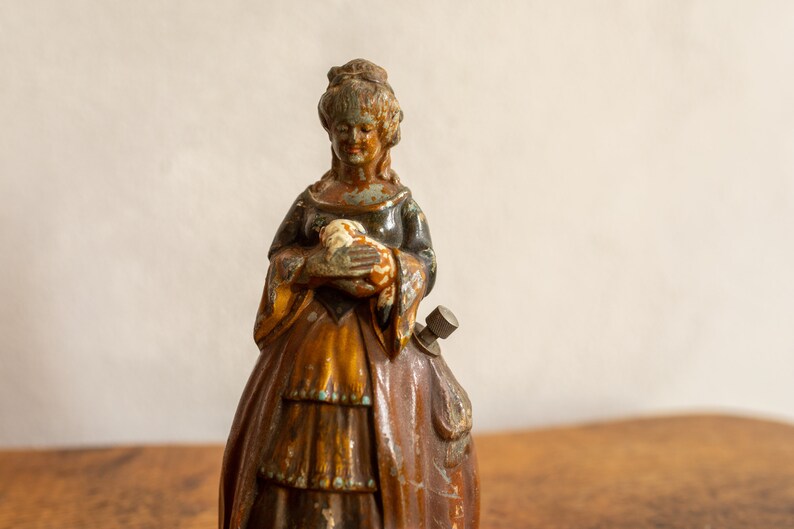 1850-1870 Mid-19th Century English Antique Match & Strike Figurine Victorian Era Cold Painted Spelter Crinoline Lady Holding a Puppy image 9