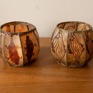 A 1970s Pair of Vintage Leather Painted Candle Holders image 1