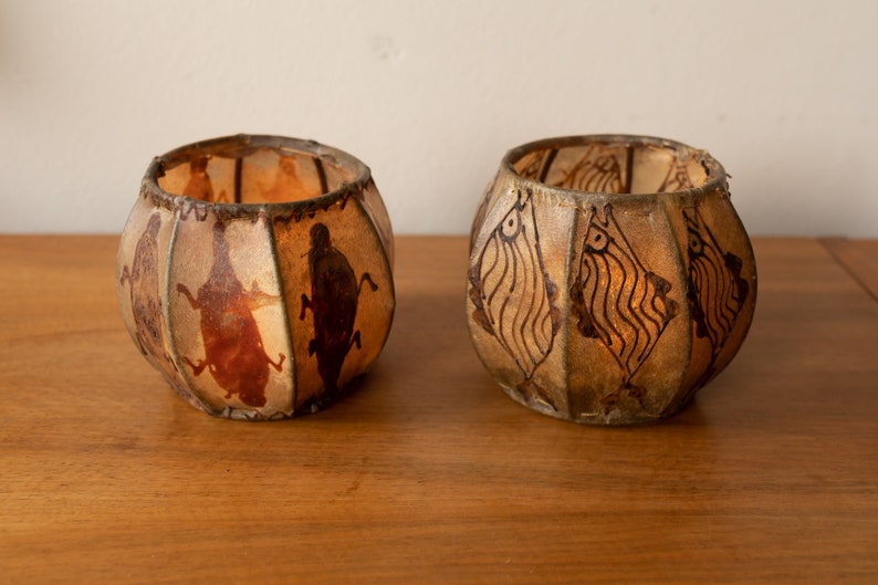 A 1970s Pair of Vintage Leather Painted Candle Holders image 1