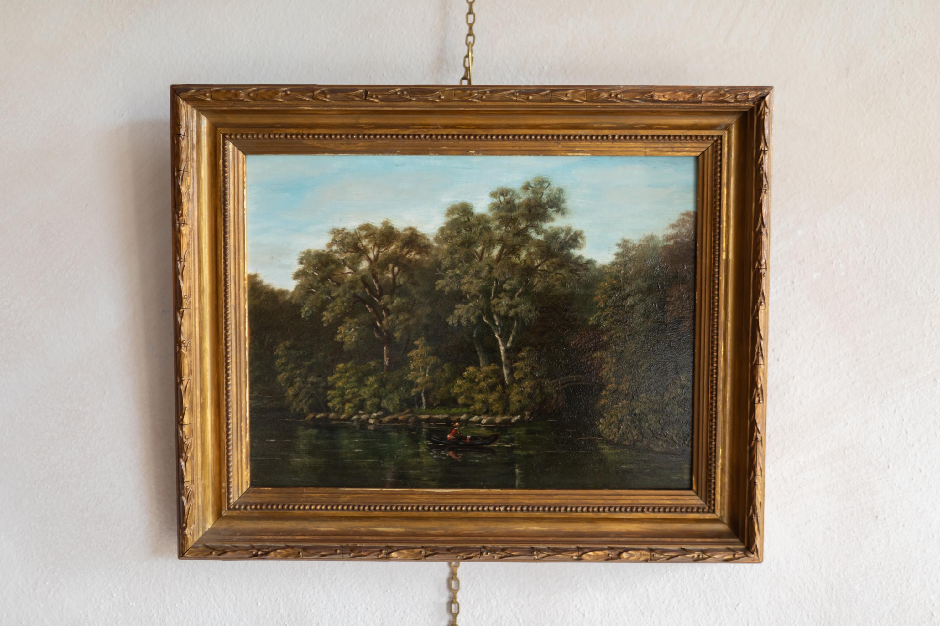 Antique Landscape Oil Painting, Antique Small Trees Lake Oil Painting, Framed Landscape Oil Painting, Original Oil Paint, Wood, Gold Frame