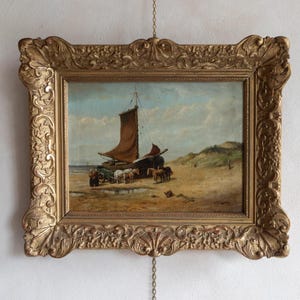 Antique Dutch Maritime Oil Painting, Antique Nautical Oil Painting, Antique Seascape Ship Oil Painting in Gold Frame, Original 19th Century