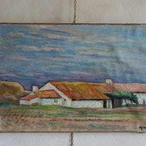Vintage Landscape Oil Painting, Vintage Colourful landscape Oil Painting, Vintage Original Oil on Canvas Painting, Farm, Original, Signed
