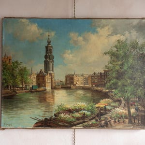 Antique landscape Oil painting, Antique Amsterdam Cityscape, Antique Amsterdam Oil Painting, Flower Market, Antique Original Canvas, Signed