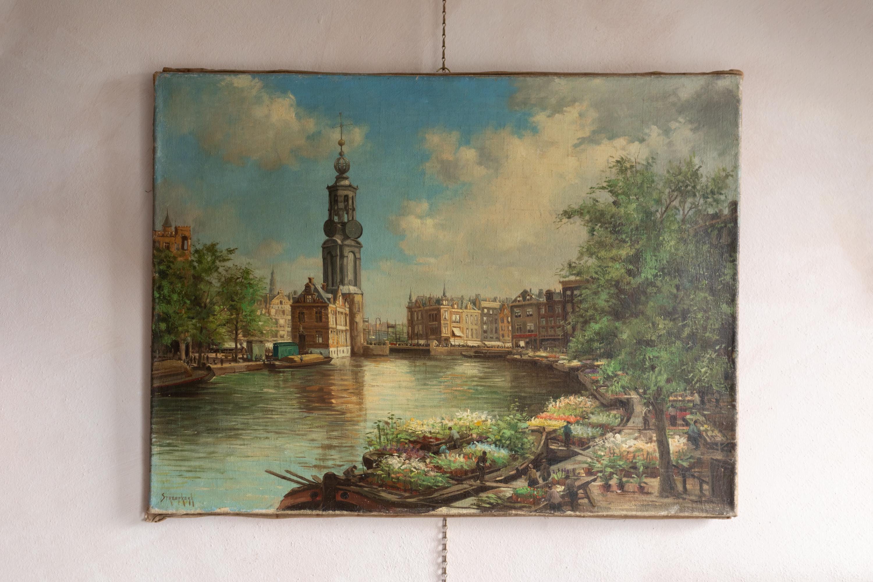 Antique landscape Oil painting, Antique Amsterdam Cityscape, Antique Amsterdam Oil Painting, Flower Market, Antique Original Canvas, Signed