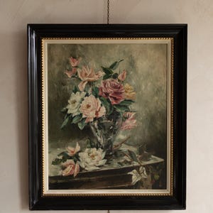 Antique Still Life Roses Painting - Original floral oil painting vintage dark and moody roses painting original framed still life painting