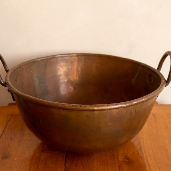 C1900 French XXXL (40cm) Copper Hammered Mixing Bowl and Double Boilers with Iron Handle, Rolled Edge and Old Repairs