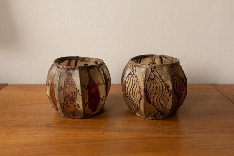 A 1970s Pair of Vintage Leather Painted Candle Holders image 2