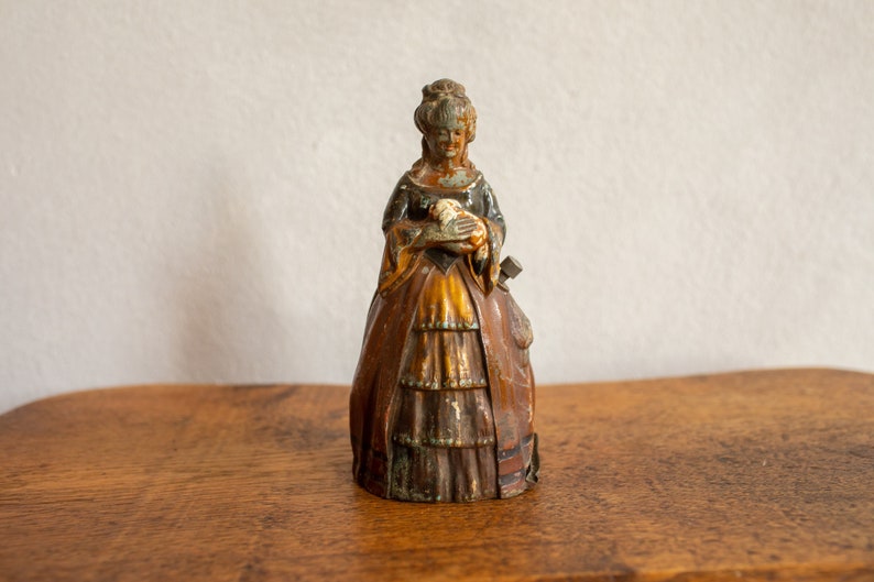 1850-1870 Mid-19th Century English Antique Match & Strike Figurine Victorian Era Cold Painted Spelter Crinoline Lady Holding a Puppy image 1