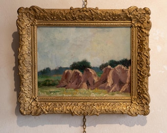 Antique Dutch Landscape Oil Painting, Small Vintage Landscape Oil Painting, Landscape Nature, Rustic Original Kitchen Art, in Gold Frame