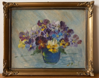 Années 40 - peinture à l'huile vintage petite violette / pensée florale - nature morte - huile sur panneau
