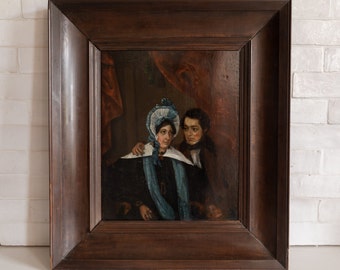 Mid-19th Century Antique Portrait Oil Painting of a Couple - Man and Woman - In Thick Wooden Frame