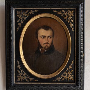 Ancien portrait peinture à l'huile, portrait d'homme, peinture à l'huile ancienne portrait maussade, peinture Français, huile originale encadrée cadre or noir