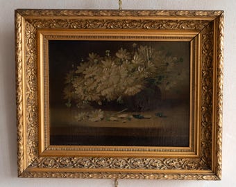 Antique Moody Flower Still Life Oil Painting, Antique Dark Floral Still Life on Wood Panel in an Antique Frame, Original Oil Painting.
