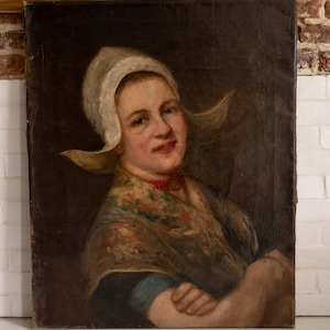 Antique Portrait Oil Painting, Antique Portrait of a Woman, Antique Dutch Portrait Oil Painting, Dark Moody Oil Painting, Original, Signed