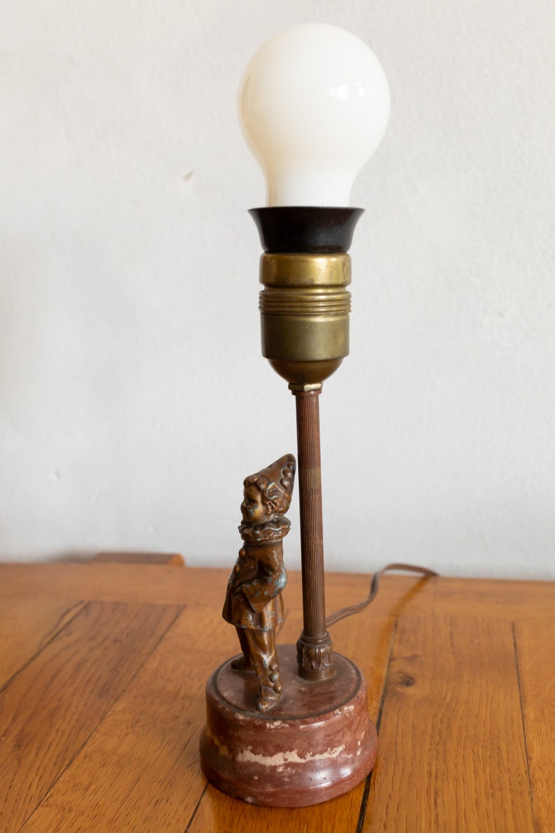 1920s Vintage Small Table Lamp with Young Clown Brass and Marble image 3