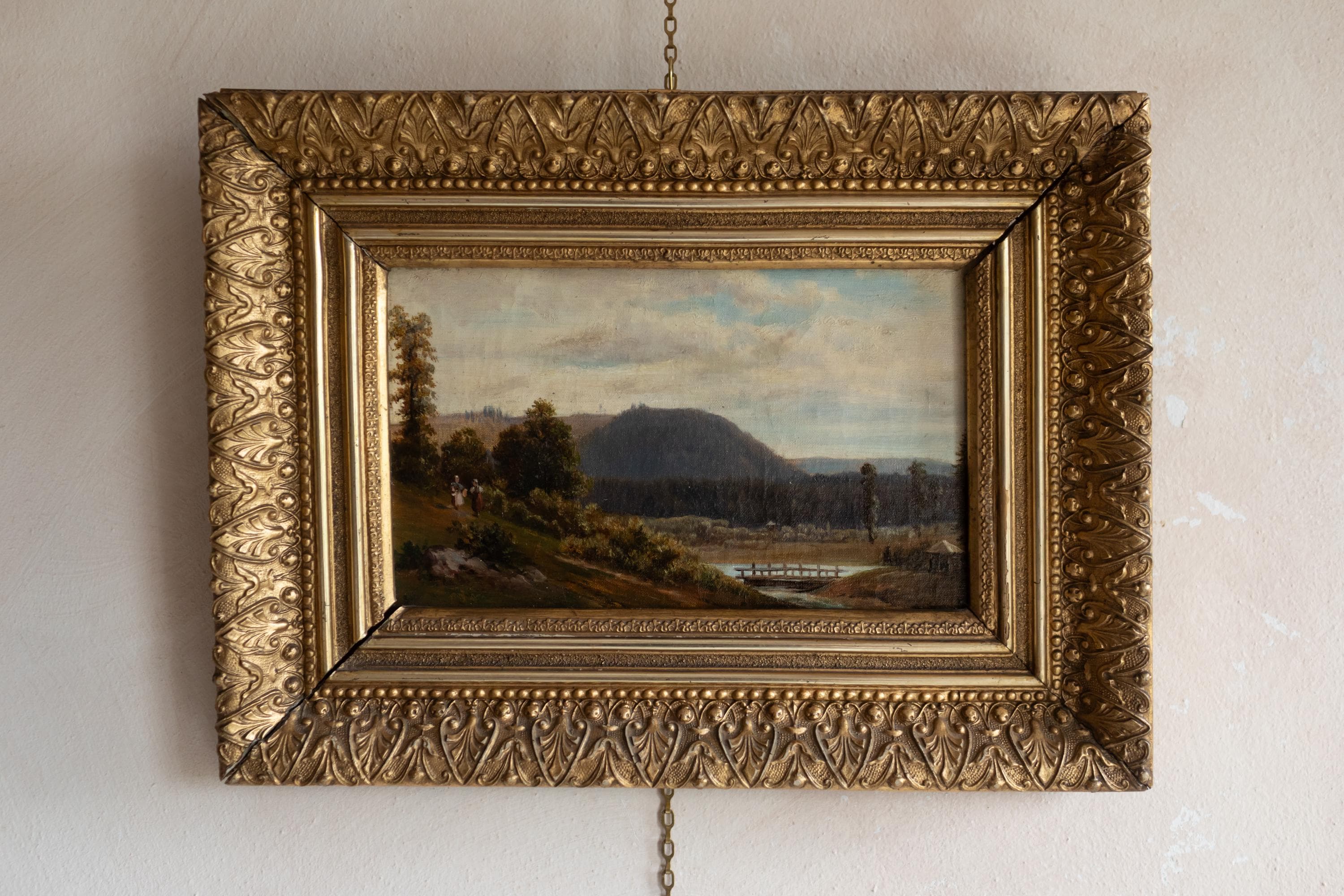 Antique Landscape Oil Painting, Antique Pastoral Green Scenic Oil Painting, Antique French Landscape Antique Gold Frame Oil, 19th Century