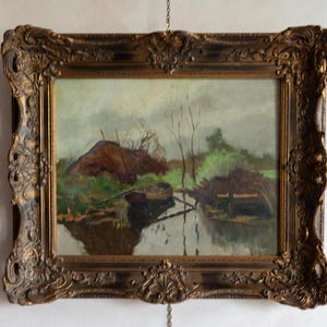 Antique Dutch Landscape Oil Painting, Vintage Landscape Oil Painting, Landscape Nature, Rustic Original Oil Painting, in Ornate Gold Frame