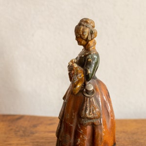1850-1870 Mid-19th Century English Antique Match & Strike Figurine Victorian Era Cold Painted Spelter Crinoline Lady Holding a Puppy image 2