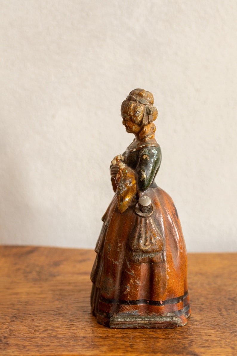 1850-1870 Mid-19th Century English Antique Match & Strike Figurine Victorian Era Cold Painted Spelter Crinoline Lady Holding a Puppy image 2