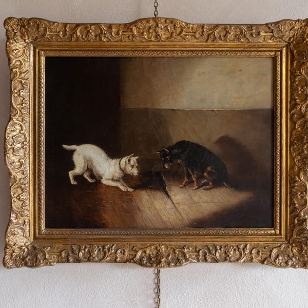Antique Victorian Dog Portrait Oil Painting | Playful Terriers, Albert Clark Art
