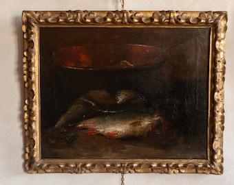 19th Century Antique French Still Life - Fish  Original Oil Painting on Canvas by Georges Jean-Marie Haquette  (1854–1906)