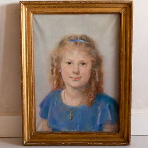 Antique French Portrait Painting - Original French Pastel Signed - Framed in Gilt Frame - 19th Century - Vintage Young girl painting