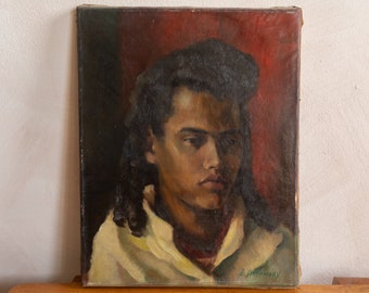 Portrait vintage des années 1950 d'une jeune femme, peinture, peinture à l'huile sur toile