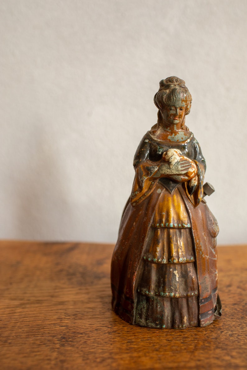 1850-1870 Mid-19th Century English Antique Match & Strike Figurine Victorian Era Cold Painted Spelter Crinoline Lady Holding a Puppy image 6